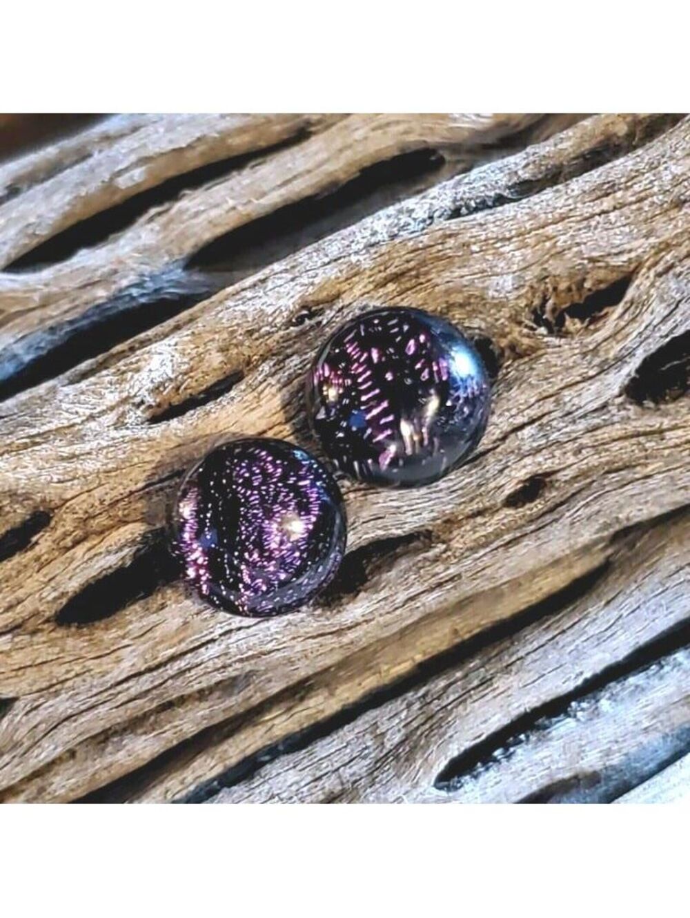 Fused Dichroic Art Glass Cabochon Black Multi Round Stud Earrings  Style 1260-D